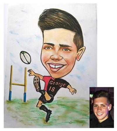 caricaturist draws Boy playing Rugby 